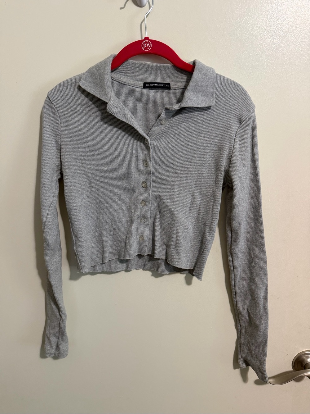 Brandy Melville Light Gray Ribbed Button Crop Top